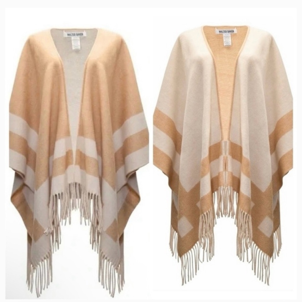 Walter Baker Reversible Tan and Cream Fringe Poncho NIP